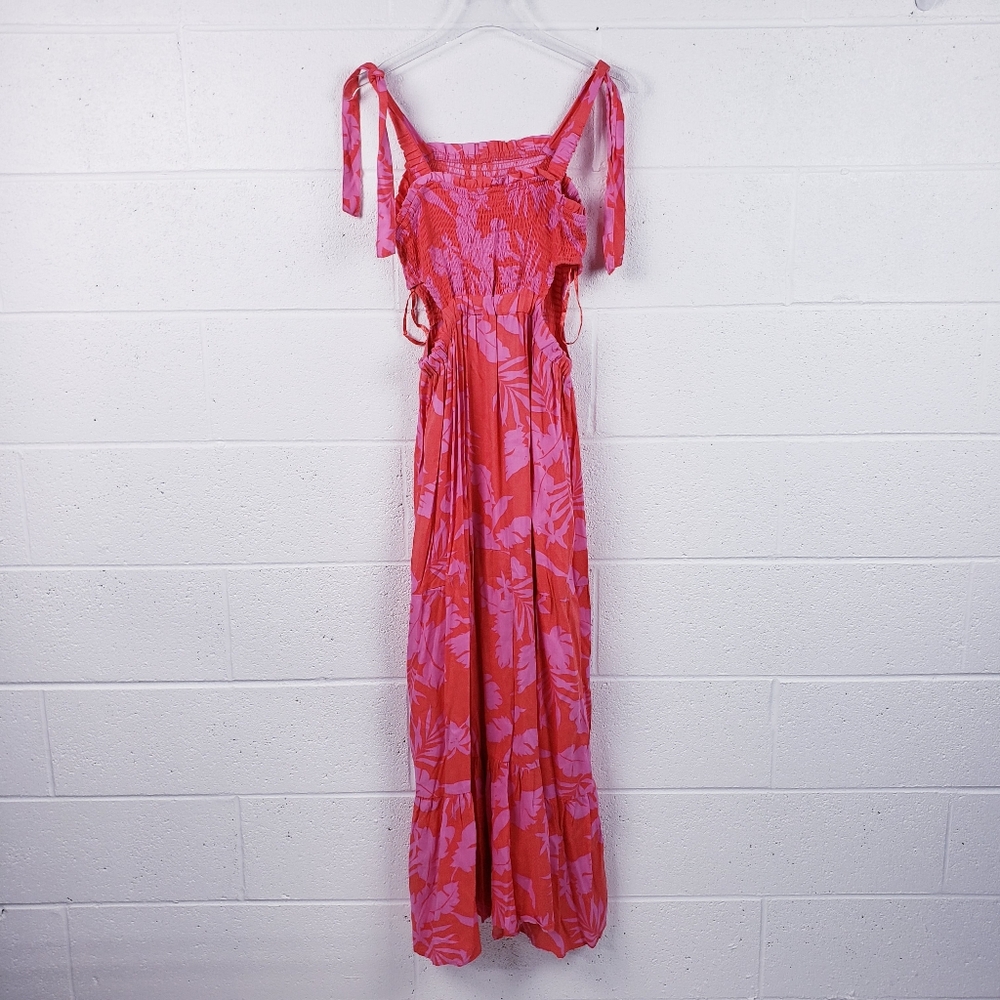 Japna Maxi Dress Tropical Cutout Ruched Top Pink Red Floral Size Large - Picture 3 of 9